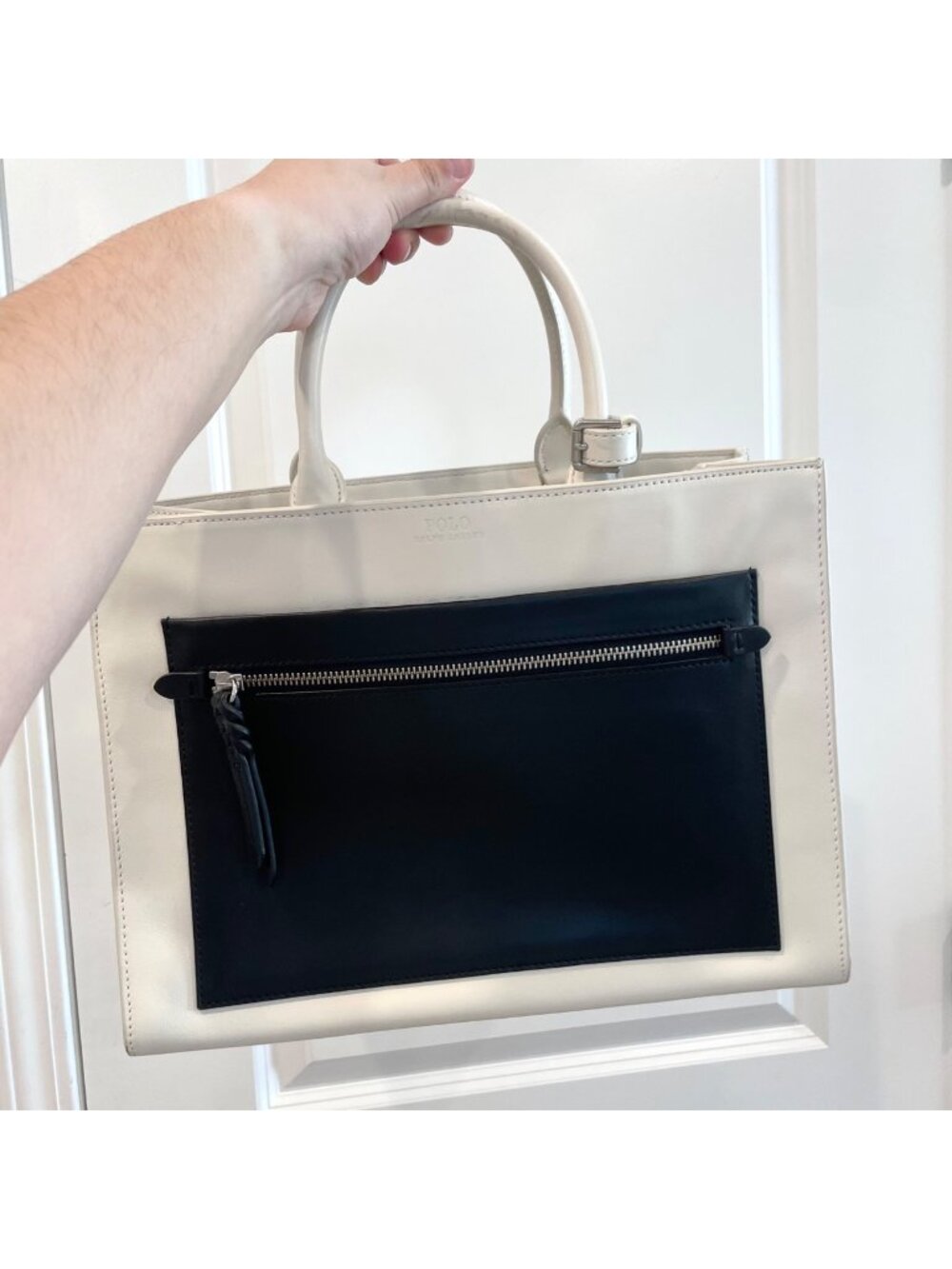 Polo Ralph Lauren X4104 White Black Leather Tote Bag Shoulder Bag Colorblock